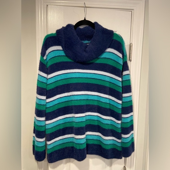 Lands End Size M Blue Stripe Fuzzy Cowl Neck Long Sleeve Pullover Sweater - Picture 1 of 11